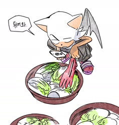 Size: 1449x1528 | Tagged: safe, artist:panhaley54803, rouge the bat, 2024, crouching, food, holding something, korean text, mouth open, pants, phone, simple background, solo, speech bubble, white background