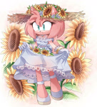 Size: 850x940 | Tagged: safe, artist:scruffiberri, amy rose, hedgehog, amybetes, beautiful, clothes, cottagecore, cute, dress, female, flower, fully clothed, hat, plant, smile, solo, sunflower