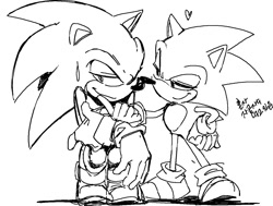 Size: 1232x930 | Tagged: safe, artist:panhaley54803, sonic the hedgehog, 2024, classic sonic, classic sonic (universe), duo, gay, greyscale, hand on another's face, heart, korean text, lidded eyes, looking at them, monochrome, self paradox, selfcest, shipping, simple background, sketch, smile, sonic x sonic, standing, white background
