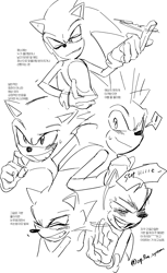 Size: 1954x3193 | Tagged: safe, artist:panhaley54803, sonic the hedgehog, 2024, blushing, cute, english text, eyes closed, greyscale, grin, holding something, korean text, monochrome, mouth open, simple background, sketch, sketch page, smile, solo, sonabetes, speech bubble, white background