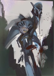 Size: 1455x2048 | Tagged: safe, artist:panhaley54803, silver the hedgehog, sonic and the black knight, armor, crying, helmet, holding something, mouth open, pouring, sir galahad, solo, standing, tears