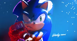 Size: 3678x1979 | Tagged: safe, artist:panhaley54803, sonic the hedgehog, sonic frontiers, clenched teeth, cyber corruption, looking offscreen, solo