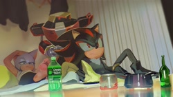 Size: 2682x1512 | Tagged: safe, artist:panhaley54803, e-123 omega, rouge the bat, shadow the hedgehog, barefoot, bottle, chaos cola, indoors, reflection, robot, sitting, table, team dark, trio