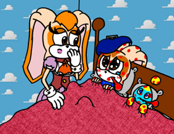 Size: 1017x786 | Tagged: safe, artist:captainquack64, cheese (chao), cream the rabbit, vanilla the rabbit, chao, rabbit, agender, bed, blanket, dress, female, pillow, sick
