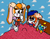 Size: 1017x786 | Tagged: safe, artist:captainquack64, cheese (chao), cream the rabbit, vanilla the rabbit, chao, rabbit, agender, bed, blanket, dress, female, pillow, sick