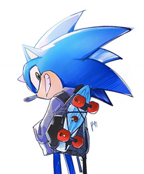 Size: 867x1052 | Tagged: safe, artist:panhaley54803, moto bug, sonic the hedgehog, backpack, badnik, grin, hoodie, looking at viewer, simple background, skateboard, smile, solo, standing, white background