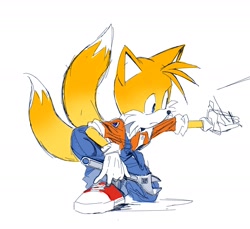 Size: 2000x1832 | Tagged: safe, artist:panhaley54803, miles "tails" prower, alternate shoes, holding something, overalls, shirt, simple background, white background, wrench