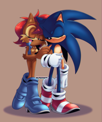 Size: 1509x1814 | Tagged: safe, artist:risziarts, sally acorn, sonic the hedgehog, chipmunk, hedgehog, 2024, duo, eyes closed, female, holding another's arm, male, open mouth, sally x sonic, sally's vest and boots, shipping, simple background, smile, standing, straight, transparent background, walking