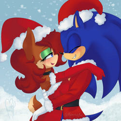 Size: 1280x1280 | Tagged: safe, artist:melancholybat, sally acorn, sonic the hedgehog, chipmunk, hedgehog, 2020, christmas, christmas outfit, clothes, daytime, duo, eyes closed, female, grin, happy, hat, hugging, lipstick, looking at each other, male, sally x sonic, santa hat, shipping, smile, snow, snowing, straight, winter