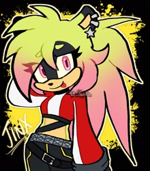 Size: 1803x2048 | Tagged: safe, artist:willowails, oc, oc:jinx (willowails), tenrec, 2026, beanbrows, character name, cute, eye clipping through hair, fankid, looking at viewer, magical lesbian spawn, oc only, ocbetes, outline, parent:amy, parent:surge, parents:surgamy, ponytail, smile, solo, tongue out