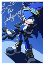 Size: 1410x2047 | Tagged: safe, artist:snowpearart, sonic the hedgehog, hedgehog, 2026, border, character name, clothes, eyewear on head, holding something, idol outfit, idol sonic, looking at viewer, male, microphone, posing, smile, smiling at viewer, solo, solo male, standing, star (symbol), sunglasses, text, v sign