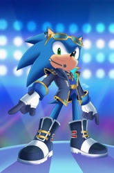 Size: 1349x2048 | Tagged: safe, artist:samaradraws, sonic the hedgehog, hedgehog, 2026, clothes, eyewear on head, idol outfit, idol sonic, lights, male, microphone, pointing, smile, solo, solo male, stage, standing, sunglasses
