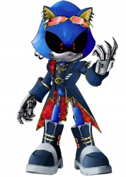 Size: 1461x2048 | Tagged: safe, artist:laeclipse266, metal sonic, 2026, black sclera, clothes, eyewear on head, idol outfit, robot, simple background, solo, standing, sunglasses, white background