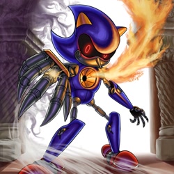 Size: 1080x1080 | Tagged: safe, artist:vixy6666, metal sonic, 2026, black sclera, fire, glowing eyes, looking at viewer, ring (jewelry), robot, shine, solo, sonic and the secret rings, standing