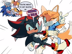 Size: 2048x1536 | Tagged: safe, artist:historiaallen, miles "tails" prower, shadow the hedgehog, fox, hedgehog, 2025, clothes, dialogue, duo, duo male, english text, eyelashes, looking at viewer, male, pointing, posing, redraw, reference inset, simple background, smile, smiling at viewer, speech bubble, text, white background, wink