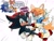 Size: 2048x1536 | Tagged: safe, artist:historiaallen, miles "tails" prower, shadow the hedgehog, fox, hedgehog, 2025, alternate hairstyle, clothes, dialogue, duo, duo male, english text, eyelashes, looking at viewer, male, pointing, posing, redraw, reference inset, simple background, smile, smiling at viewer, speech bubble, text, white background, wink