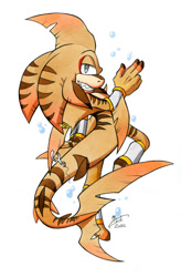 Size: 1024x1562 | Tagged: safe, artist:finikart, oc, oc:kaze the australian bull shark, 2016, australian bull shark, bubbles, bull shark, clenched teeth, fishing hook, lidded eyes, looking back, looking back at viewer, oc only, shark, sharp teeth, signature, simple background, smile, smiling at viewer, solo, standing, string, white background