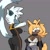 Size: 1420x1420 | Tagged: suggestive, artist:ryuuu_k1, tangle the lemur, whisper the wolf, lemur, wolf, arrow, blushing, breasts, butt, cleavage, duo, frown, grey background, hair over one eye, lesbian, one fang, shipping, shirt lift, simple background, sweatdrop, tangle x whisper