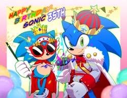 Size: 2000x1536 | Tagged: safe, artist:marimo838, sonic the hedgehog, anniversary, birthday, cape, classic sonic, classic sonic (universe), crown, duo, happy birthday, holding something, looking at viewer, party popper, self paradox, smile, sparkler, standing, sunglasses