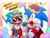Size: 2000x1536 | Tagged: safe, artist:marimo838, sonic the hedgehog, hedgehog, anniversary, birthday, cape, classic sonic, classic sonic (universe), clothes, crown, duo, english text, fireworks, happy birthday, holding something, looking at viewer, male, party popper, self paradox, smile, smiling at viewer, sparkler, standing, sunglasses
