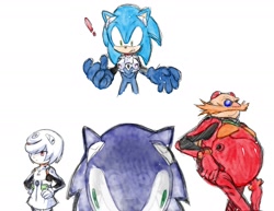 Size: 2000x1541 | Tagged: safe, artist:marimo838, robotnik, sage, sonic the hedgehog, human, sonic frontiers, alternate outfit, cosplay, crossover, exclamation mark, mouth open, neon genesis evangelion, simple background, trio, white background