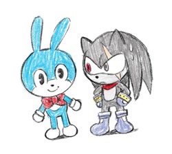 Size: 889x797 | Tagged: safe, artist:marimo838, feels the rabbit, shadow the hedgehog, sonic the hedgehog, rabbit, chibi, cute, duo, looking at them, scar, simple background, smile, standing, sweat, terios the hedgehog, white background