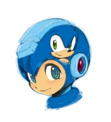 Size: 903x994 | Tagged: safe, artist:marimo838, sonic the hedgehog, crossover, duo, looking at viewer, mega man, mega man (series), simple background, smile, white background
