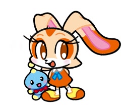 Size: 859x737 | Tagged: safe, artist:marimo838, cheese (chao), cream the rabbit, chao, arms behind back, chibi, duo, mouth open, neutral chao, simple background, smile, standing, white background
