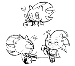 Size: 1000x873 | Tagged: safe, artist:marimo838, shadow the hedgehog, sonic the hedgehog, blushing, cup, drink, duo, eyes closed, greyscale, holding something, korean text, monochrome, mouth open, pouring, simple background, sketch, smile, sweat, white background
