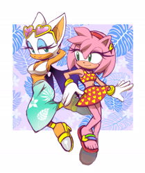 Size: 1884x2254 | Tagged: safe, artist:marimo838, amy rose, blaze the cat, bikini, duo, floral background, lidded eyes, looking at each other, looking at them, smile, sunglasses, swimsuit