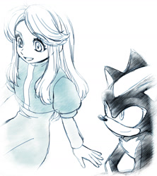 Size: 1748x1971 | Tagged: safe, artist:marimo838, maria robotnik, shadow the hedgehog, hedgehog, human, clothes, dress, duo, looking at them, monochrome, simple background, sitting, sketch, smile, white background