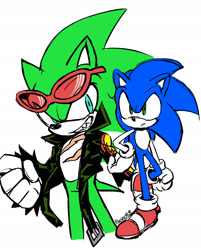Size: 1500x1866 | Tagged: safe, artist:marimo838, scourge the hedgehog, sonic the hedgehog, clenched fist, duo, grin, jacket, sharp teeth, simple background, smile, standing, sunglasses, white background