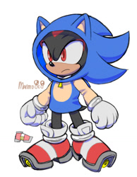 Size: 1148x1482 | Tagged: safe, artist:marimo838, shadow the hedgehog, sonic the hedgehog, cosplay, frown, hood up, hoodie, simple background, solo, standing, white background