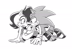 Size: 2048x1424 | Tagged: safe, artist:jadepesky, sally acorn, sonic the hedgehog, chipmunk, hedgehog, 2026, blushing, duo, female, grin, looking at each other, male, monochrome, sally x sonic, sally's vest and boots, shipping, simple background, sitting, straight, white background