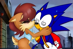 Size: 1865x1251 | Tagged: safe, artist:blnkn01z, artist:swaggskooool, sally acorn, sonic the hedgehog, chipmunk, hedgehog, 2026, building, daytime, duo, eyes closed, female, hands on another's cheek, kiss, kiss on cheek, male, redraw, sally x sonic, sally's vest and boots, shipping, straight, watermark