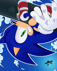Size: 1638x2047 | Tagged: safe, artist:hushyrus, sonic the hedgehog, hedgehog, sonic adventure 2, 2026, board, clenched teeth, clouds, daytime, falling, helicopter, male, mi-24 hind, mid-air, outdoors, outline, redraw, smile, smiling at viewer, soap shoes, solo, upside down
