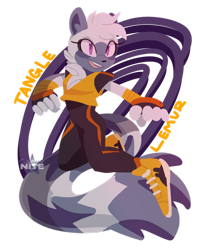 Size: 1280x1622 | Tagged: safe, artist:galaxynite, tangle the lemur, lemur, 2018, character name, english text, female, looking at viewer, mid-air, mouth open, open smile, simple background, smile, smiling at viewer, solo, solo female, text, transparent background