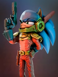 Size: 1536x2048 | Tagged: safe, artist:rayfox_ds, zonic the zone cop, hedgehog, 2026, 3d, frown, gradient background, gun, hand behind back, holding something, lidded eyes, male, solo, standing, weapon, zone cop outfit