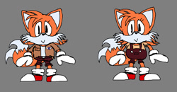 Size: 1253x654 | Tagged: safe, artist:shokapic, miles "tails" prower, fox, clothes, cute, duality, eyelashes, female, flat colors, gender swap, grey background, jacket, mod, overalls, shirt, shorts, simple background, smile, solo, sonic the hedgehog forever, standing, tailabetes