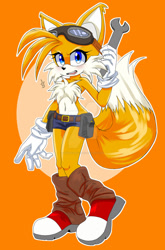 Size: 1024x1554 | Tagged: safe, artist:theskull110, miles "tails" prower, fox, 2025, bag, belly button, belt, chest fluff, clothes, deviantart watermark, ear fluff, eyewear on head, fangs, female, frown, gender swap, goggles, goggles on head, holding something, leg warmers, looking at viewer, mouth open, obtrusive watermark, outline, short shorts, shorts, signature, solo, standing, standing on one leg, topless, watermark, wrench
