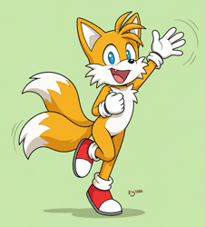 Size: 1059x1170 | Tagged: safe, artist:seraphinetiger, miles "tails" prower, fox, 2026, green background, looking at viewer, male, mouth open, one fang, open smile, signature, simple background, smile, smiling at viewer, solo, standing, standing on one leg, waving