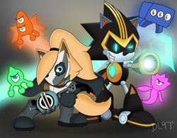 Size: 4547x3553 | Tagged: safe, artist:darthlord1997, shard the metal, whisper the wolf, wisp, wolf, 2026, agender, aiming, female, group, holding something, male, one eye closed, robot, simple background, weapon, wispon