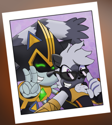 Size: 3086x3460 | Tagged: safe, artist:darthlord1997, shard the metal, tangle the lemur, lemur, 2026, duo, eyes closed, female, glasses, grin, looking at viewer, male, photo, portrait, pose, robot, selfie, smile, smiling at viewer, v sign