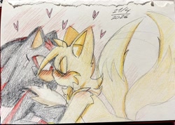 Size: 2048x1462 | Tagged: safe, artist:drawingwithjay1, miles "tails" prower, shadow the hedgehog, fox, hedgehog, 2026, aged up, blushing, duo, gay, heart, kiss, male, shadow x tails, shipping, signature, traditional media