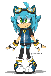 Size: 1366x2048 | Tagged: safe, artist:drstarline, oc, oc:aqua the hedgehog, hedgehog, clothes, eye clipping through hair, eyewear on head, fingerless gloves, goggles, goggles on head, hood, jacket, looking offscreen, male, oc only, shoes, signature, simple background, smile, solo, stockings, watermark, white background