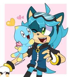 Size: 1650x1800 | Tagged: safe, artist:drstarline, oc, oc:aqua the hedgehog, chao, 2019, agender, chaobetes, clothes, cute, duo, eyes closed, eyewear on head, fingerless gloves, flat colors, flying, gloves, goggles, goggles on head, heart, hood, hugging, jacket, looking at them, male, mid-air, mouth open, neutral chao, ocbetes, one eye closed, one fang, open smile, signature, ski goggles, smile, standing, stockings, watermark