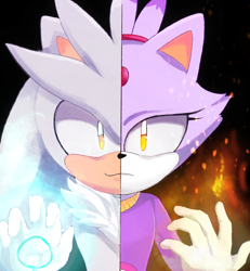 Size: 2343x2538 | Tagged: safe, artist:lunaerim, blaze the cat, silver the hedgehog, cat, hedgehog, blaze x silver, duo, female, flame, looking at viewer, male, psychokinesis, shipping, straight