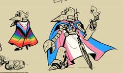 Size: 1587x955 | Tagged: safe, artist:loopyyylupe, flicky, mecha sonic, bird, 2025, ambiguous gender, beige background, cape, duo, gay pride, pride, pride flag, progress pride, robot, simple background, solo focus, spot color, standing, trans pride