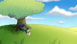 Size: 2048x1182 | Tagged: safe, artist:kittytale, sonic the hedgehog, hedgehog, 2026, alternate universe, au:all in (kittytale), daytime, eyes closed, grass, hill, lying down, male, relaxing, scar, shadow (lighting), sleeping, solo, tree