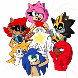 Size: 2048x2048 | Tagged: safe, artist:kittytale, amy rose, knuckles the echidna, miles "tails" prower, sally acorn, shard the metal, sonic the hedgehog, chipmunk, echidna, fox, hedgehog, 2026, alternate universe, au:all in (kittytale), eyes closed, female, grin, group, looking at viewer, male, open mouth, open smile, pose, robot, roboticized, sally's ringblader outfit, scar, simple background, smile, smiling at viewer, star (symbol), white background